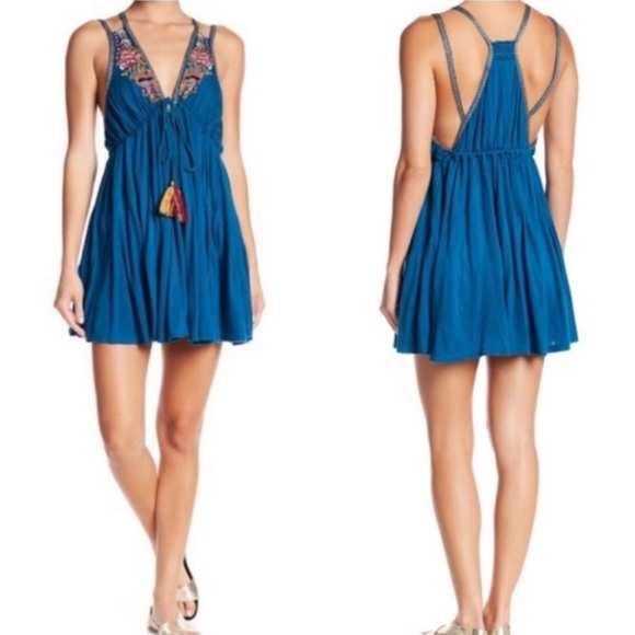 Free People Lovers Cove Embroidered Turquoise Mini Dress Large - Picture 1 of 16